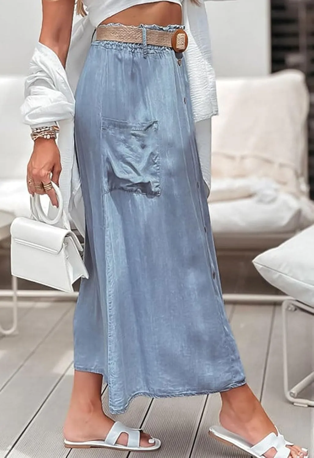 loveimgs Women Summer Elastic Waist Flowy Tencel Denim Maxi Skirt A Line Button Ruffle Cargo Long Jean Skirt Boho Lightweight
