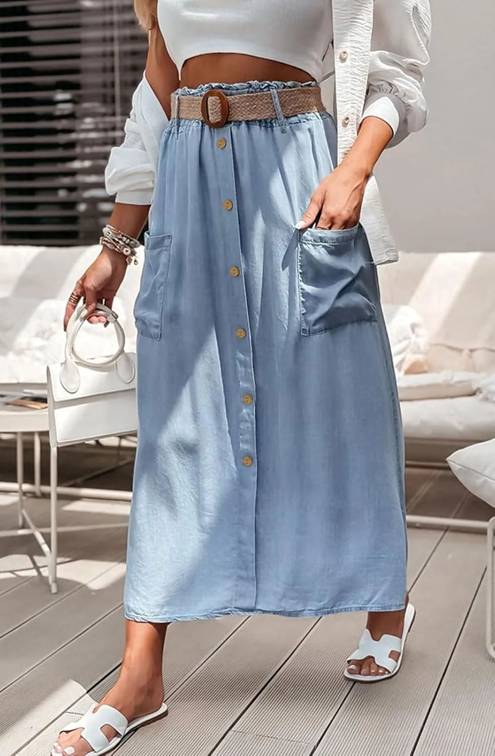 loveimgs Women Summer Elastic Waist Flowy Tencel Denim Maxi Skirt A Line Button Ruffle Cargo Long Jean Skirt Boho Lightweight
