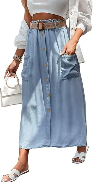 loveimgs Women Summer Elastic Waist Flowy Tencel Denim Maxi Skirt A Line Button Ruffle Cargo Long Jean Skirt Boho Lightweight