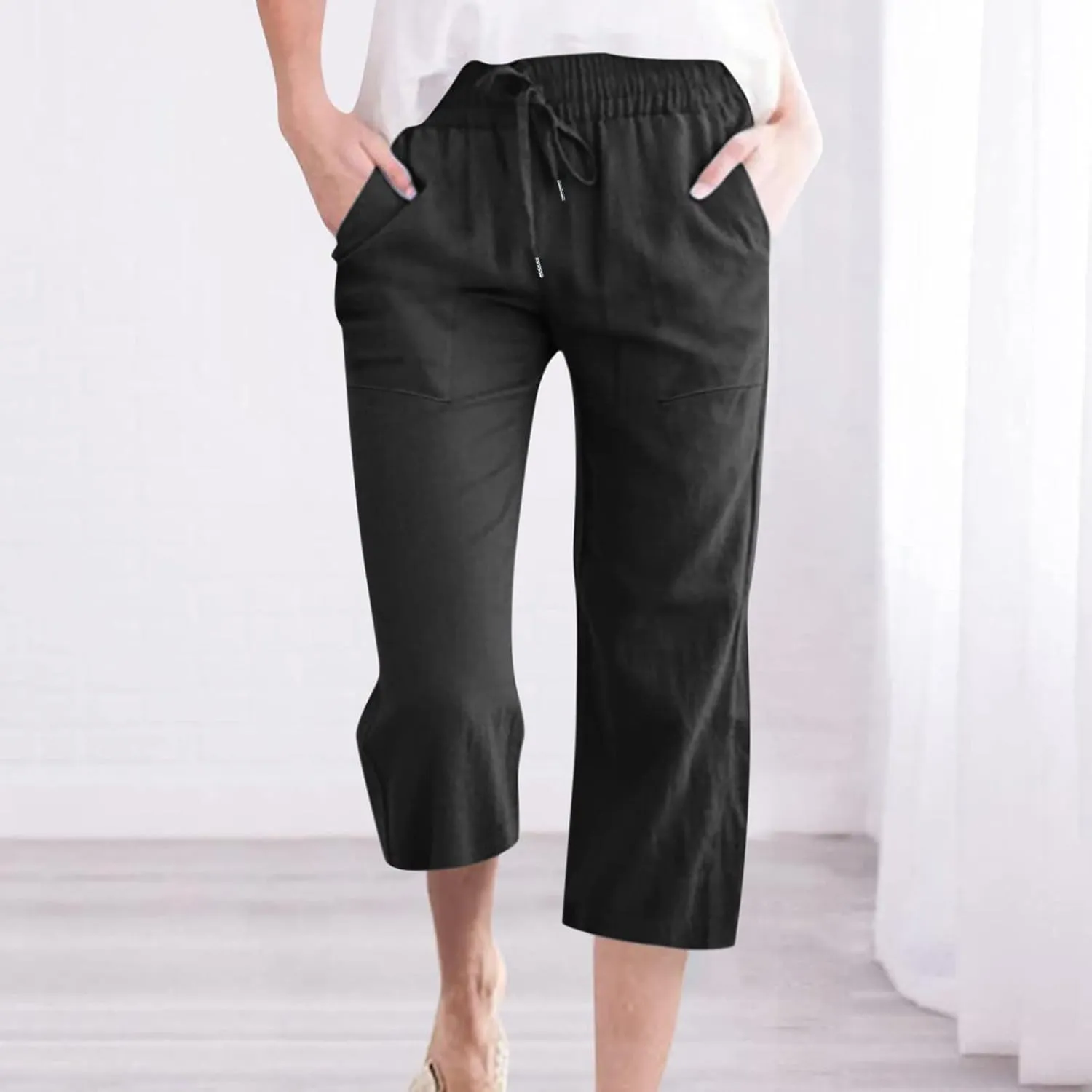 LRMQS Capris Pants for Women Cotton Linen Casual Summer 2025 Straight Wide Leg Loose Drawstring Elastic Waist Cropped Trouser