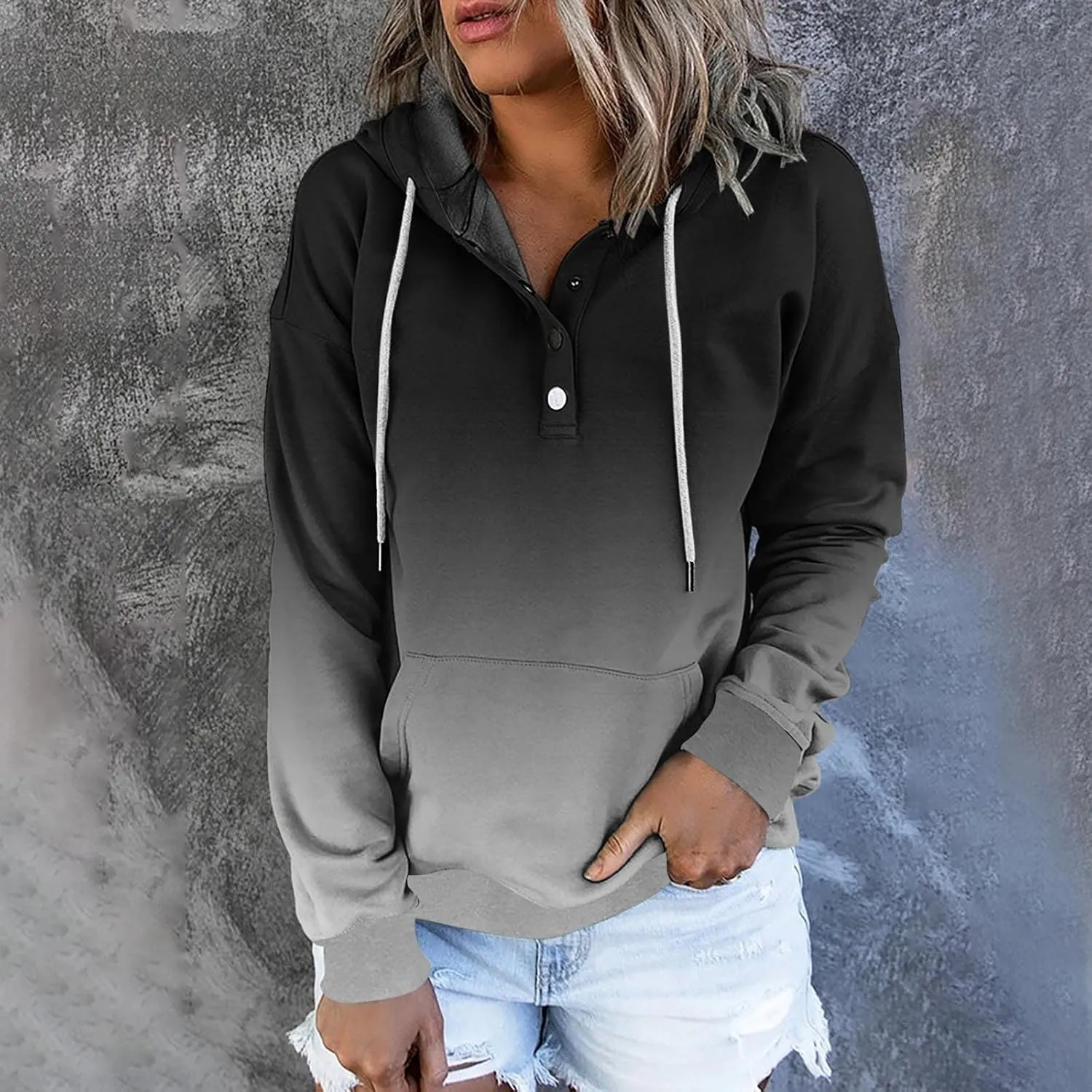 LRMQS Womens Fall Fashion 2024 Button Drawstring Long Sleeve Hoodies Pullover Color Block Casual Trendy Loose Fit Clothes