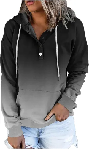 LRMQS Womens Fall Fashion 2024 Button Drawstring Long Sleeve Hoodies Pullover Color Block Casual Trendy Loose Fit Clothes