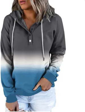 LRMQS Womens Fall Fashion 2024 Button Drawstring Long Sleeve Hoodies Pullover Color Block Casual Trendy Loose Fit Clothes