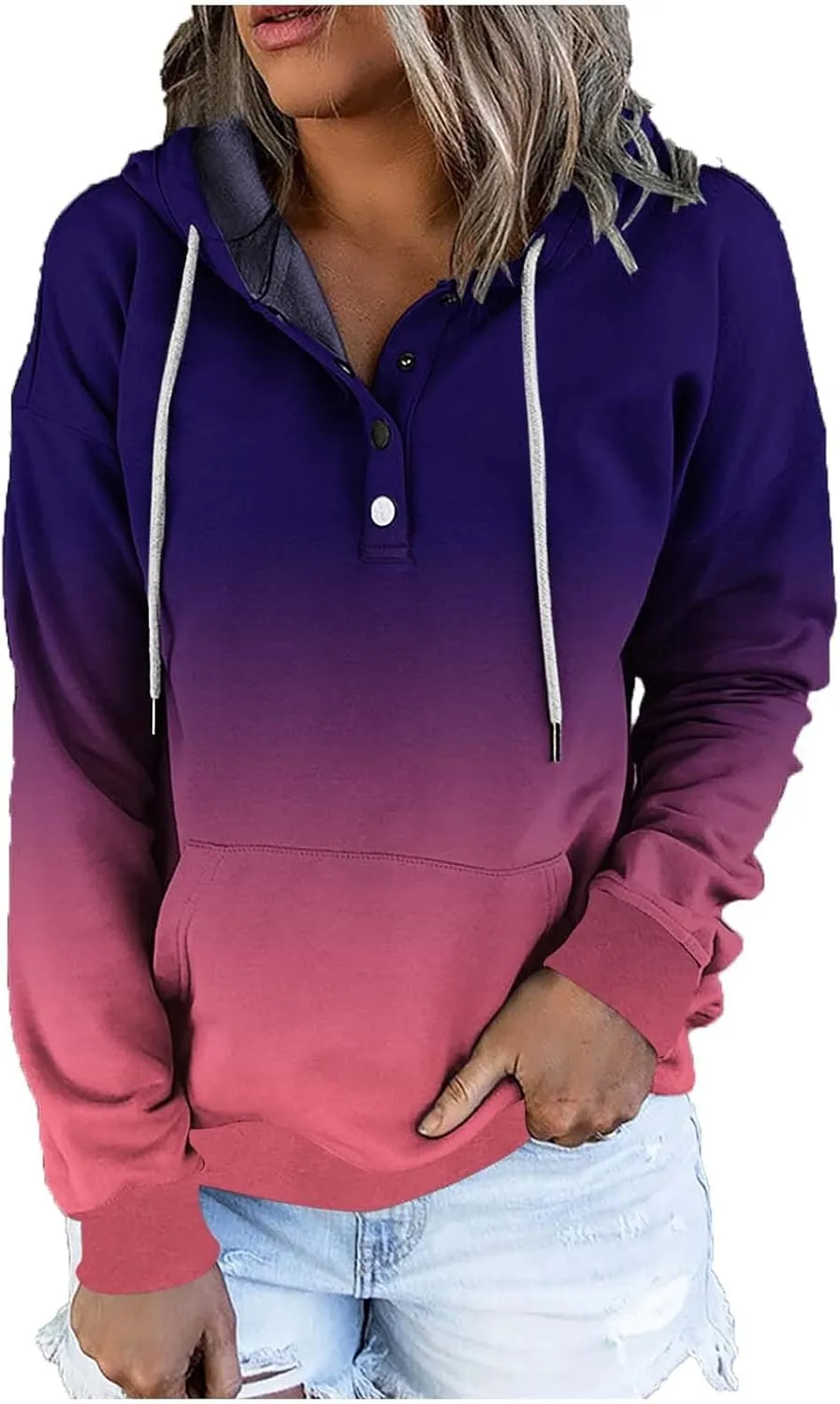 LRMQS Womens Fall Fashion 2024 Button Drawstring Long Sleeve Hoodies Pullover Color Block Casual Trendy Loose Fit Clothes