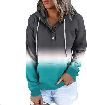 LRMQS Womens Fall Fashion 2024 Button Drawstring Long Sleeve Hoodies Pullover Color Block Casual Trendy Loose Fit Clothes