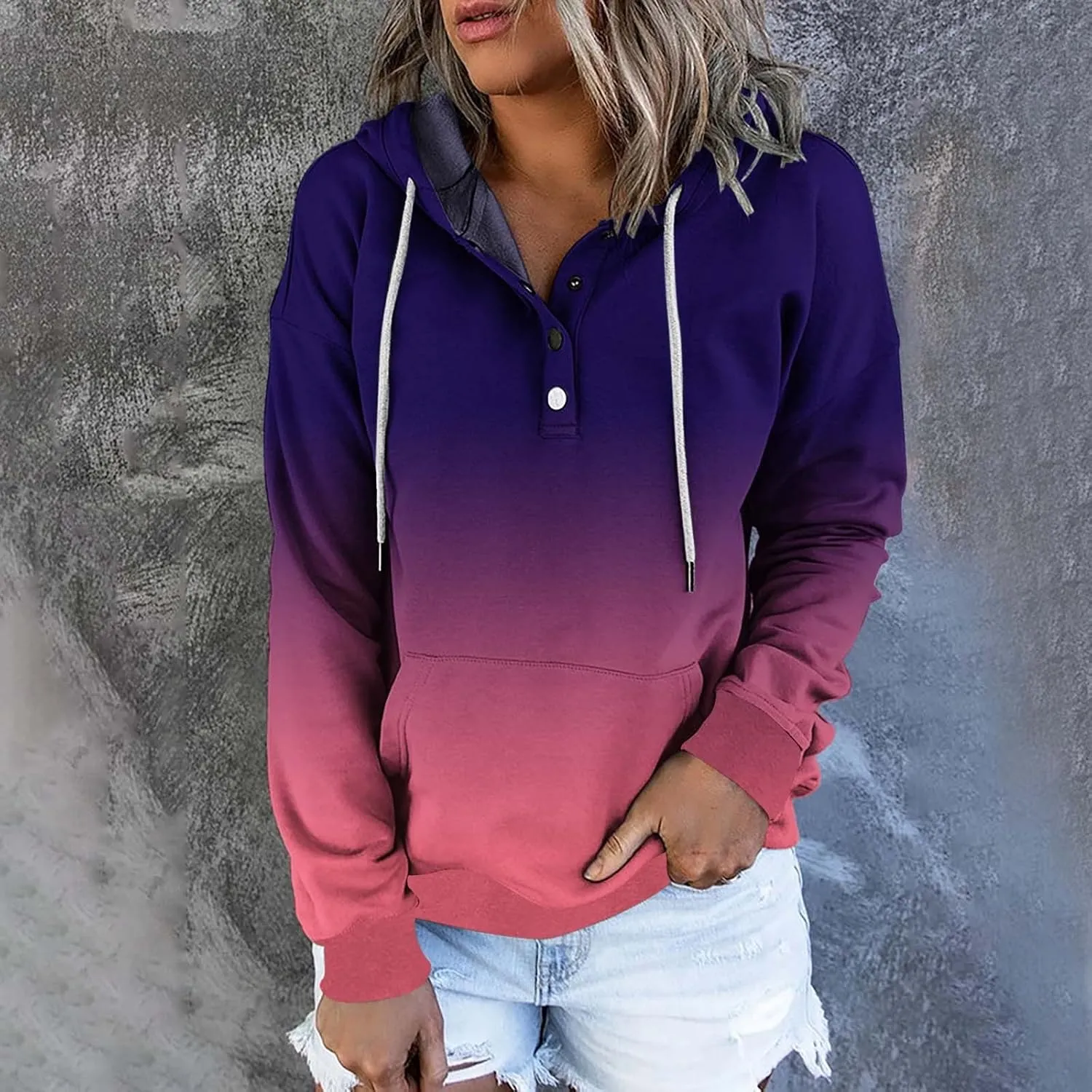 LRMQS Womens Fall Fashion 2024 Button Drawstring Long Sleeve Hoodies Pullover Color Block Casual Trendy Loose Fit Clothes