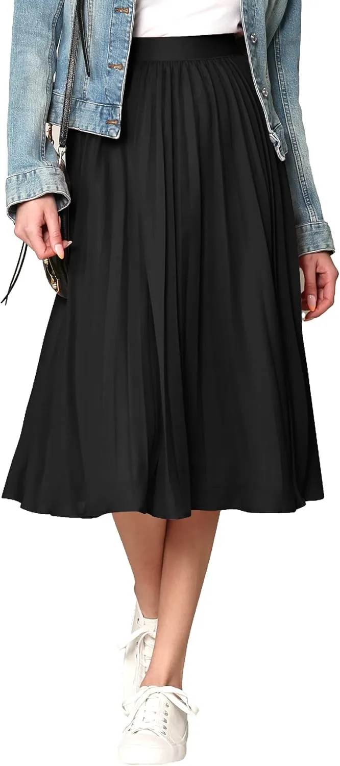 Made By Johnny Women's High Elastic Waist Pleated Mid A-Line Swing Skirt