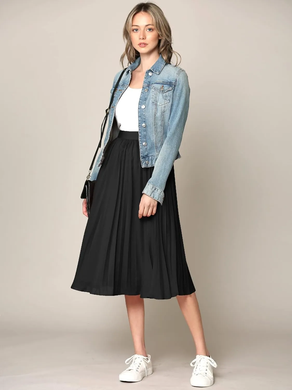 Made By Johnny Women's High Elastic Waist Pleated Mid A-Line Swing Skirt