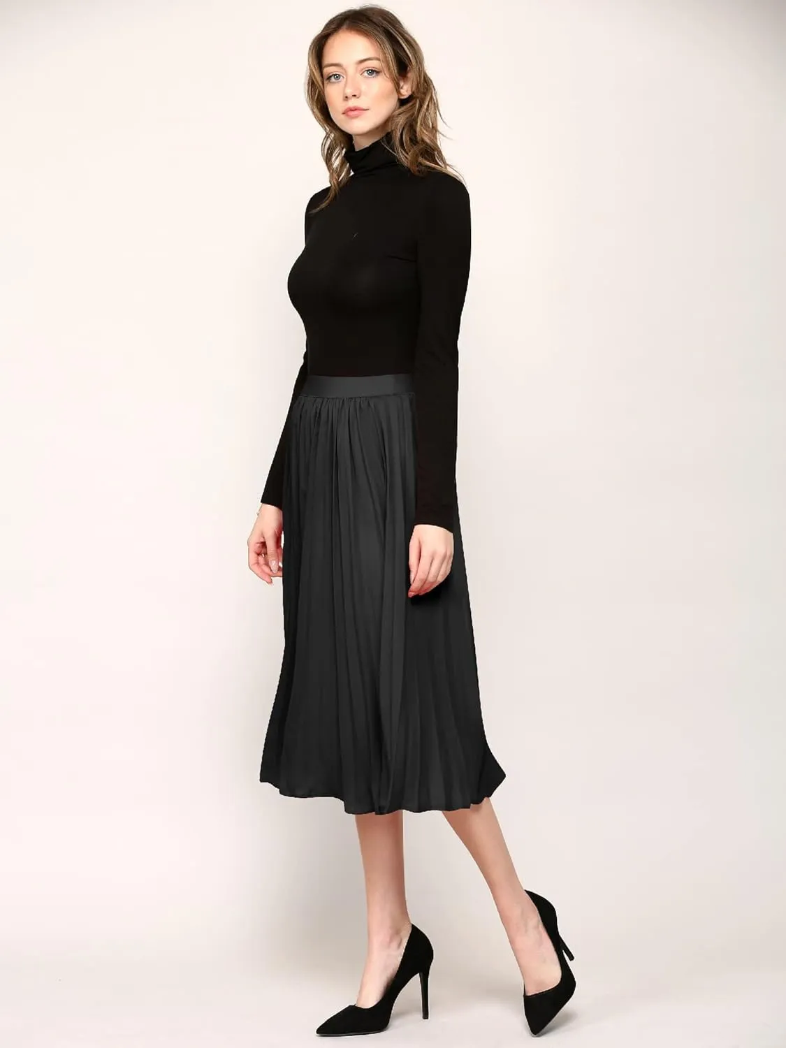Made By Johnny Women's High Elastic Waist Pleated Mid A-Line Swing Skirt