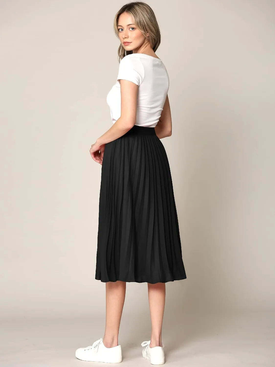 Made By Johnny Women's High Elastic Waist Pleated Mid A-Line Swing Skirt