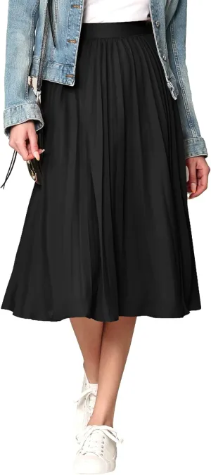 Made By Johnny Women's High Elastic Waist Pleated Mid A-Line Swing Skirt