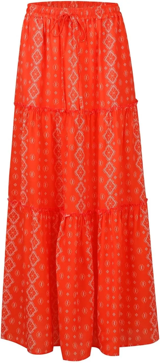 Maxi Pleated Skirts for Women Floral Print Boho Tiered Skirt Elastic High Waist A Line Flowy Long Skirts with Pocket