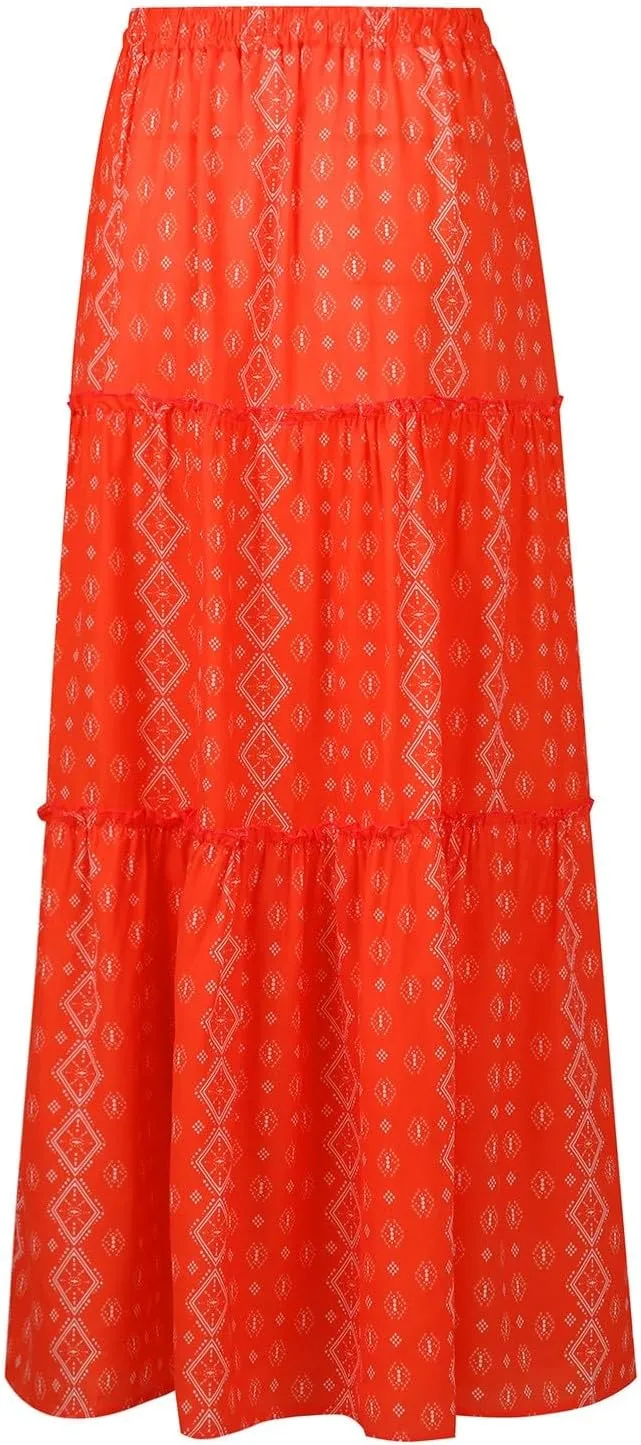 Maxi Pleated Skirts for Women Floral Print Boho Tiered Skirt Elastic High Waist A Line Flowy Long Skirts with Pocket
