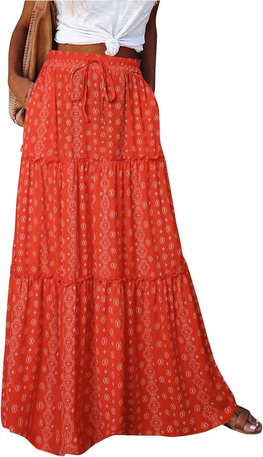 Maxi Pleated Skirts for Women Floral Print Boho Tiered Skirt Elastic High Waist A Line Flowy Long Skirts with Pocket