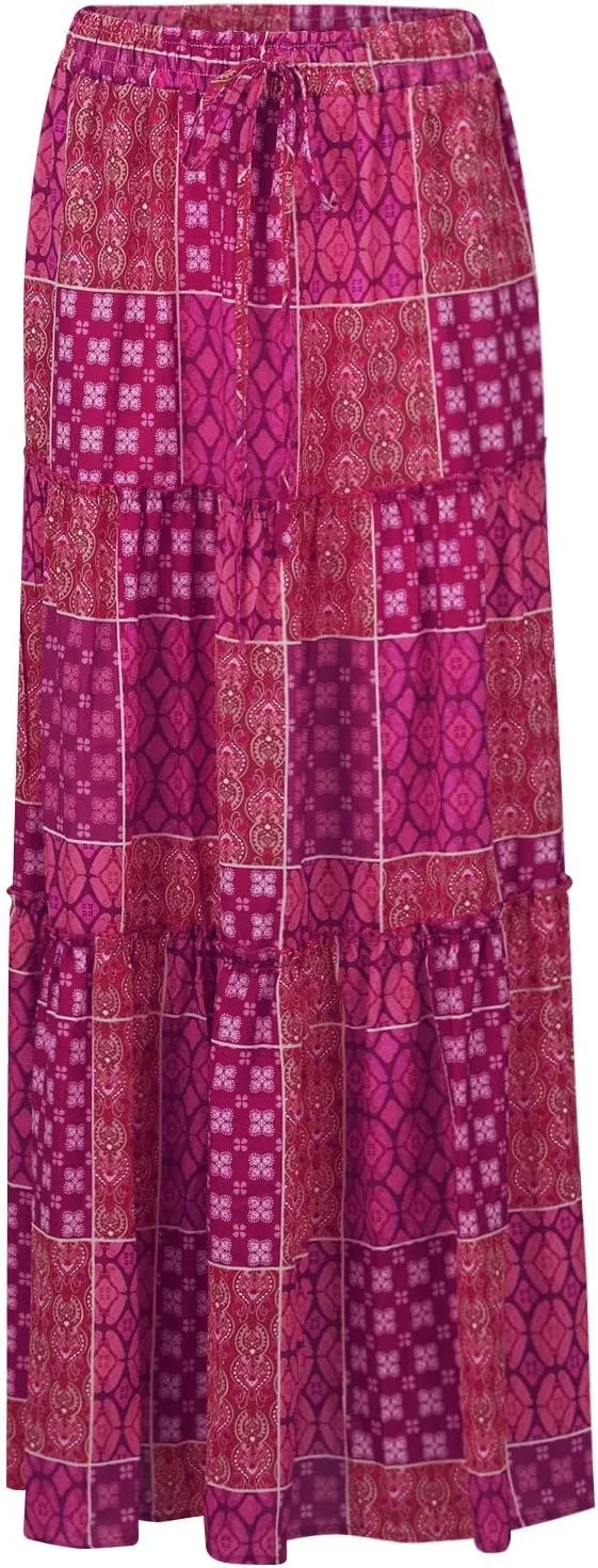 Maxi Skirts for Women 2025 Floral Beach Tiered Boho Skirt Drawstring Flowy Long Skirt Casual High Waisted Skirts