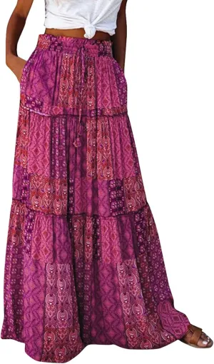 Maxi Skirts for Women 2025 Floral Beach Tiered Boho Skirt Drawstring Flowy Long Skirt Casual High Waisted Skirts