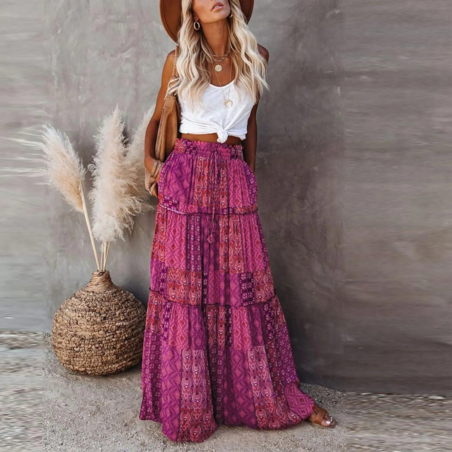 Maxi Skirts for Women 2025 Floral Beach Tiered Boho Skirt Drawstring Flowy Long Skirt Casual High Waisted Skirts