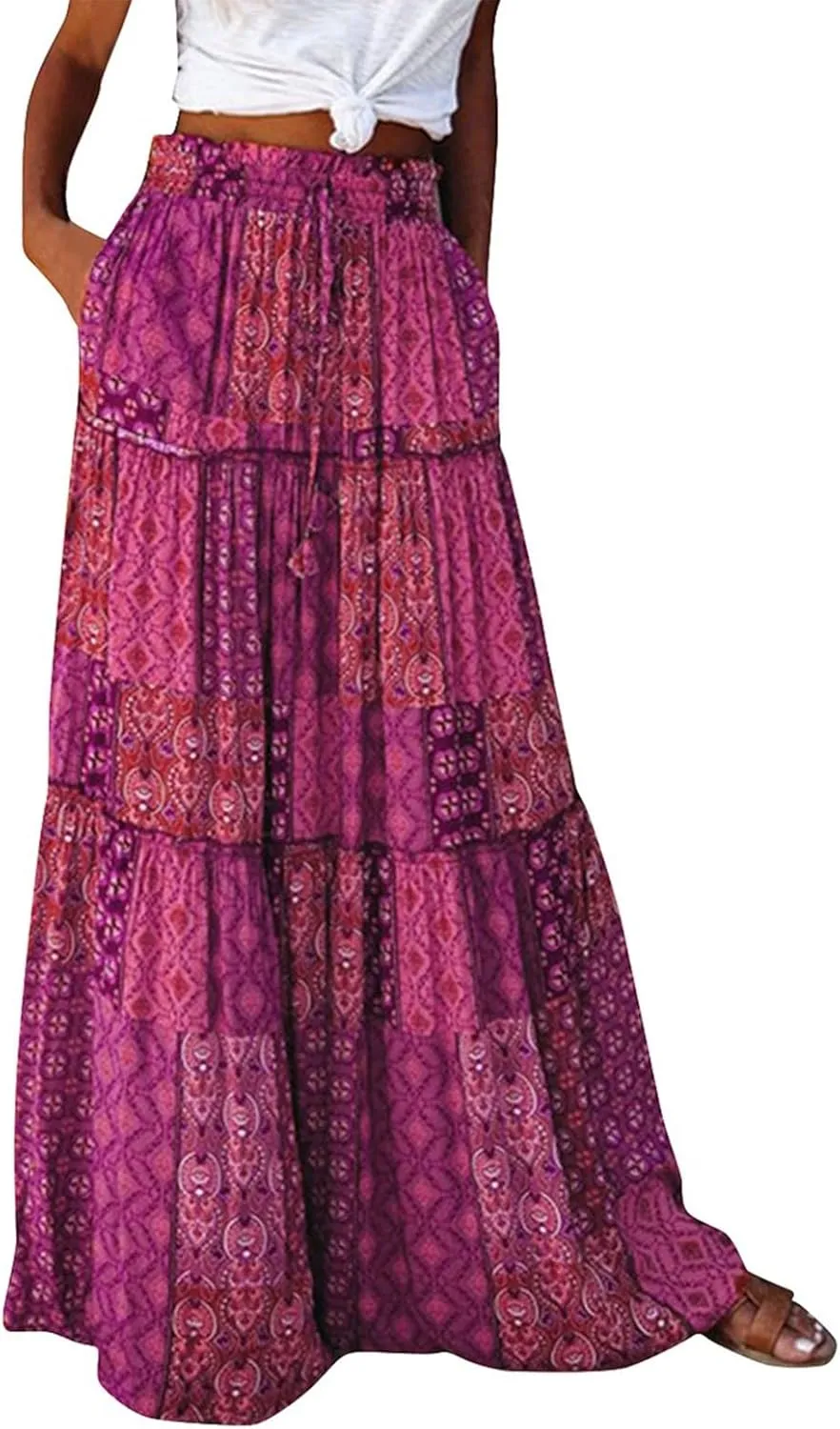 Maxi Skirts for Women 2025 Floral Beach Tiered Boho Skirt Drawstring Flowy Long Skirt Casual High Waisted Skirts
