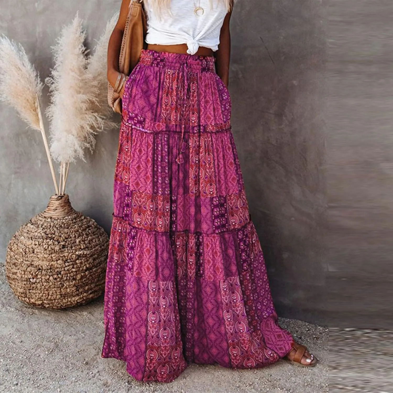 Maxi Skirts for Women 2025 Floral Beach Tiered Boho Skirt Drawstring Flowy Long Skirt Casual High Waisted Skirts