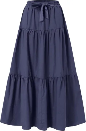 Maxi Skirts for Women Trendy High Waisted Flowy Tiered Linen Skirt Casual Pleated A-Line Beach Long Skirts with Tie