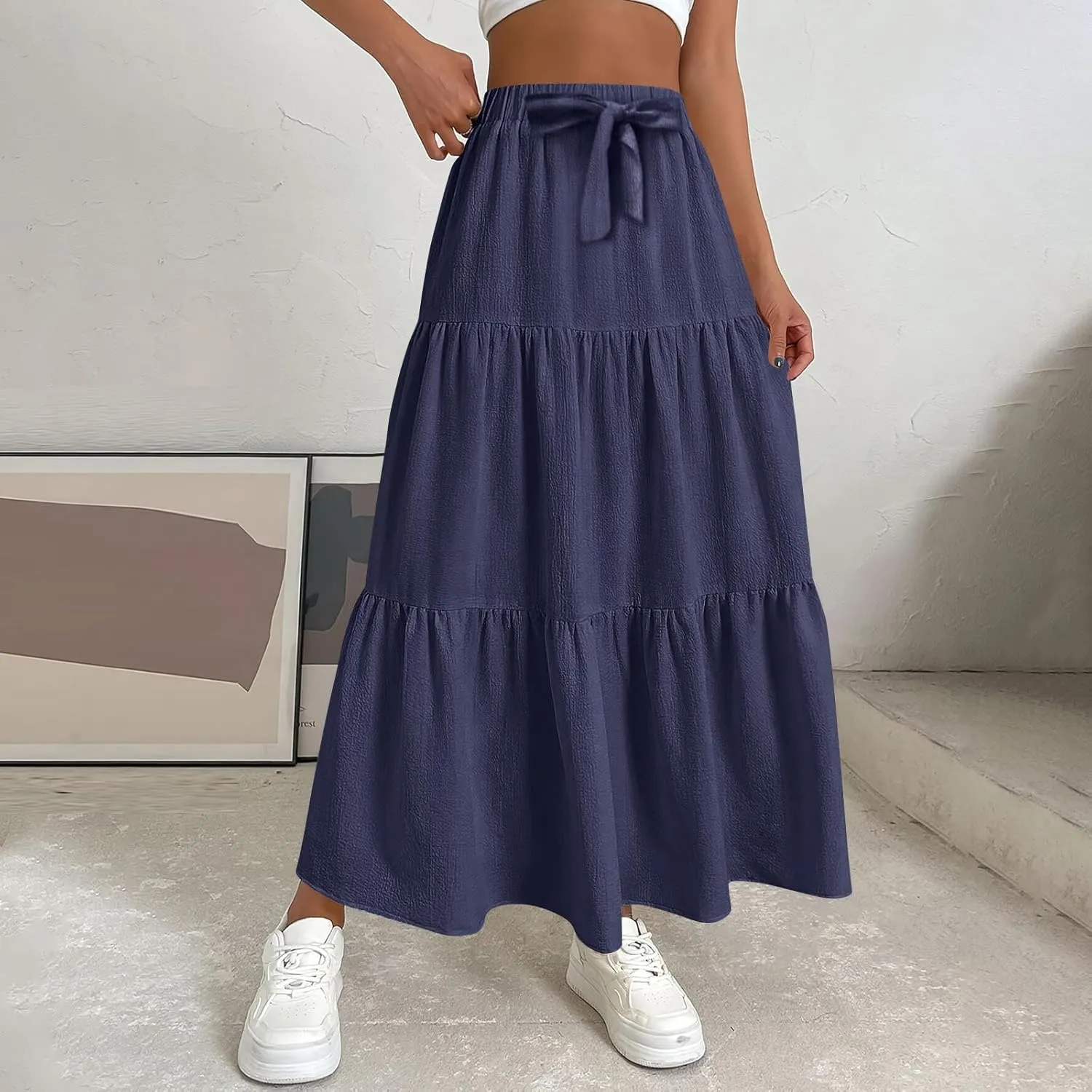 Maxi Skirts for Women Trendy High Waisted Flowy Tiered Linen Skirt Casual Pleated A-Line Beach Long Skirts with Tie
