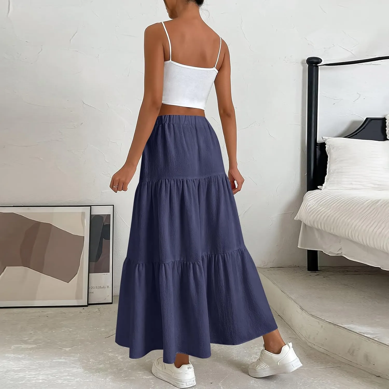 Maxi Skirts for Women Trendy High Waisted Flowy Tiered Linen Skirt Casual Pleated A-Line Beach Long Skirts with Tie