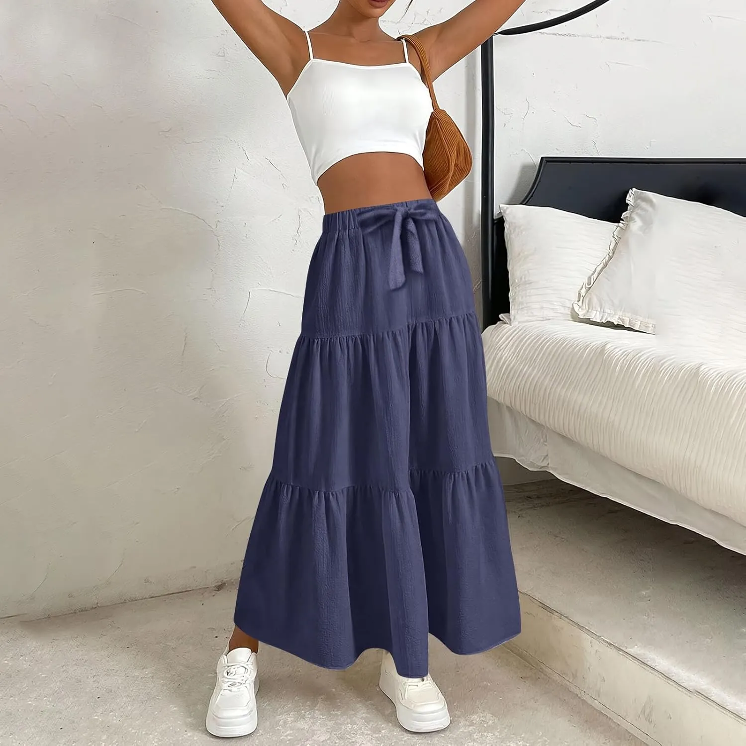 Maxi Skirts for Women Trendy High Waisted Flowy Tiered Linen Skirt Casual Pleated A-Line Beach Long Skirts with Tie