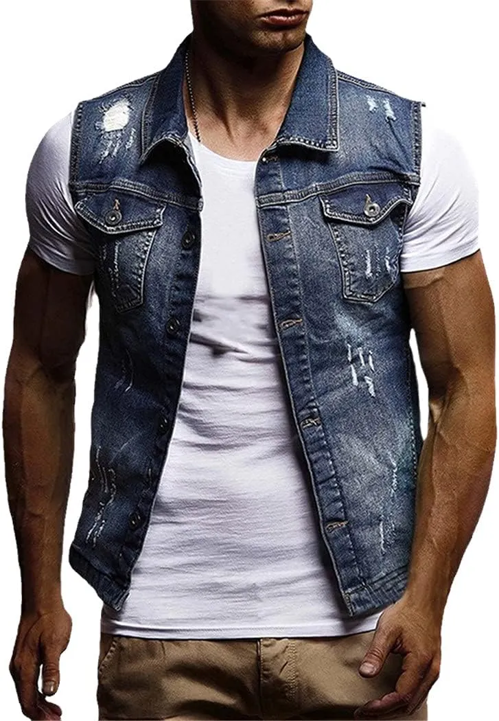 Men Slim Fit Sleeveless Jeans Jacket Summer Classic Denim Vest Black Turn-Down Collar Jeans Waistcoat