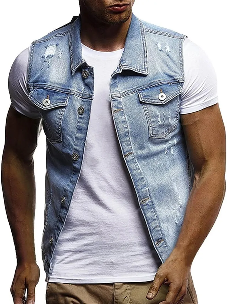 Men Slim Fit Sleeveless Jeans Jacket Summer Classic Denim Vest Black Turn-Down Collar Jeans Waistcoat