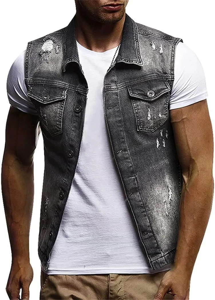 Men Slim Fit Sleeveless Jeans Jacket Summer Classic Denim Vest Black Turn-Down Collar Jeans Waistcoat