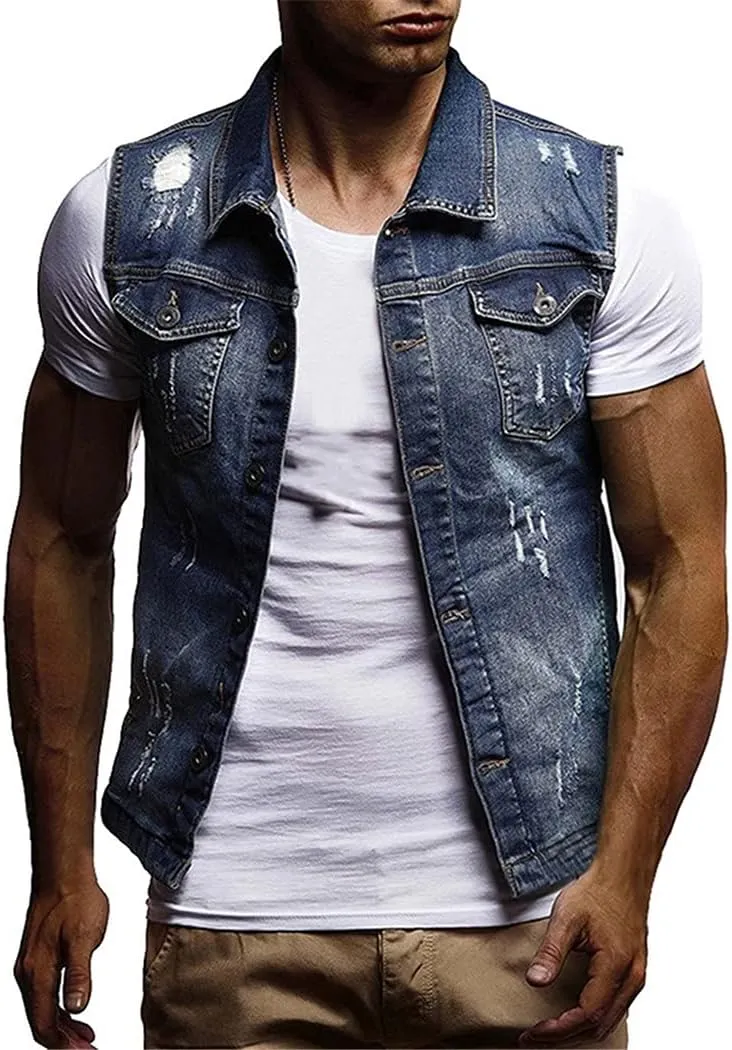 Men Slim Fit Sleeveless Jeans Jacket Summer Classic Denim Vest Black Turn-Down Collar Jeans Waistcoat