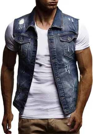 Men Slim Fit Sleeveless Jeans Jacket Summer Classic Denim Vest Black Turn-Down Collar Jeans Waistcoat