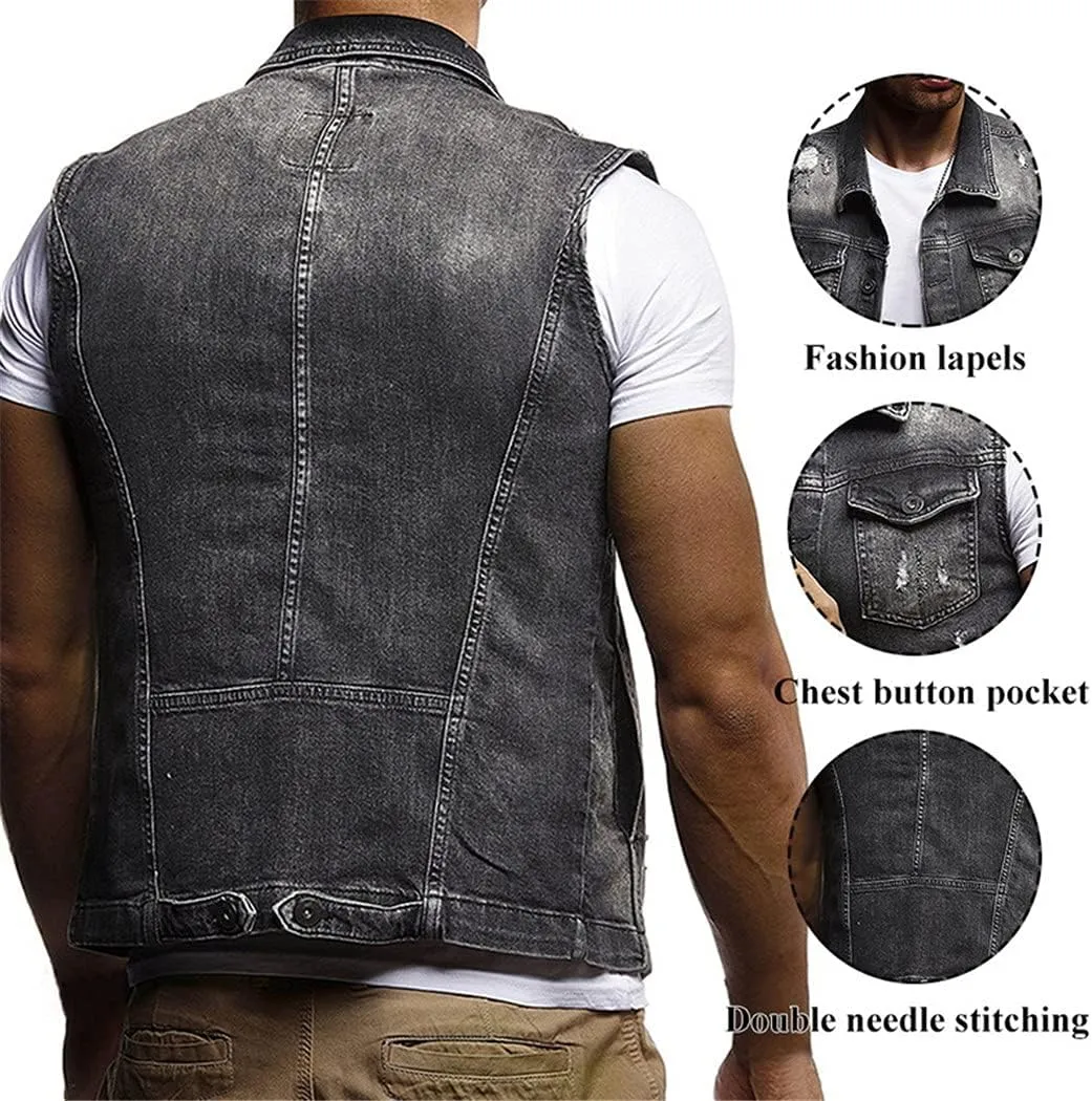 Men Slim Fit Sleeveless Jeans Jacket Summer Classic Denim Vest Black Turn-Down Collar Jeans Waistcoat