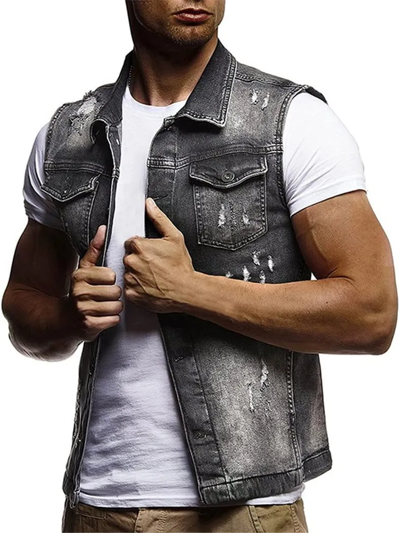 Men Slim Fit Sleeveless Jeans Jacket Summer Classic Denim Vest Black Turn-Down Collar Jeans Waistcoat