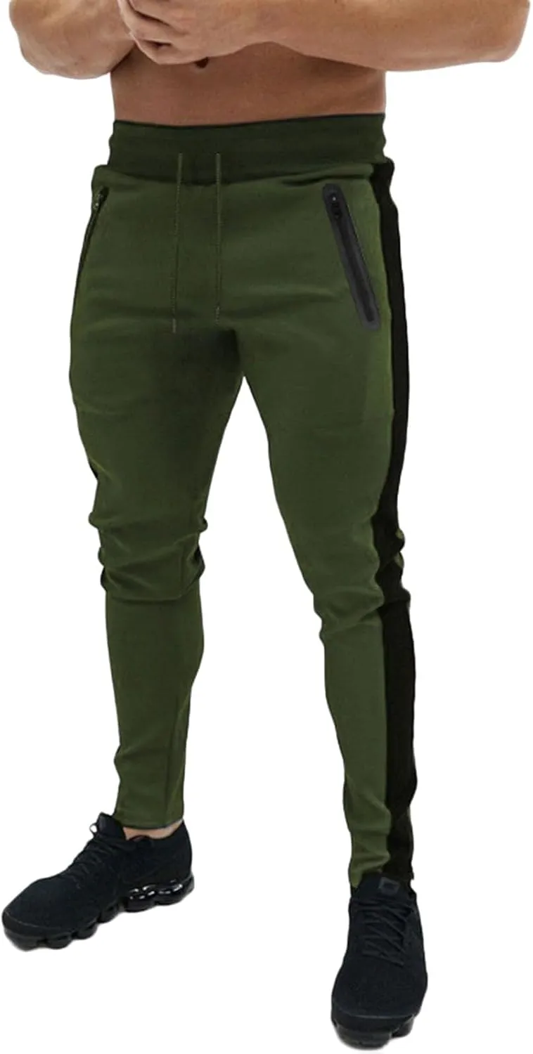 Mens Athletic Pants Casual Drawstring Elastic Waist Slim Fit Sweatpants Stripe Splicing Gym Track Workout Trousers