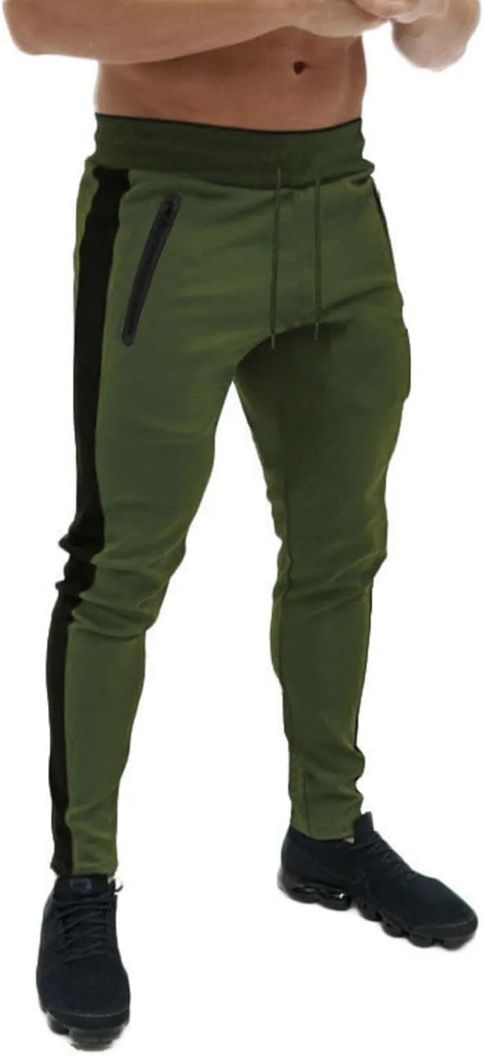 Mens Athletic Pants Casual Drawstring Elastic Waist Slim Fit Sweatpants Stripe Splicing Gym Track Workout Trousers