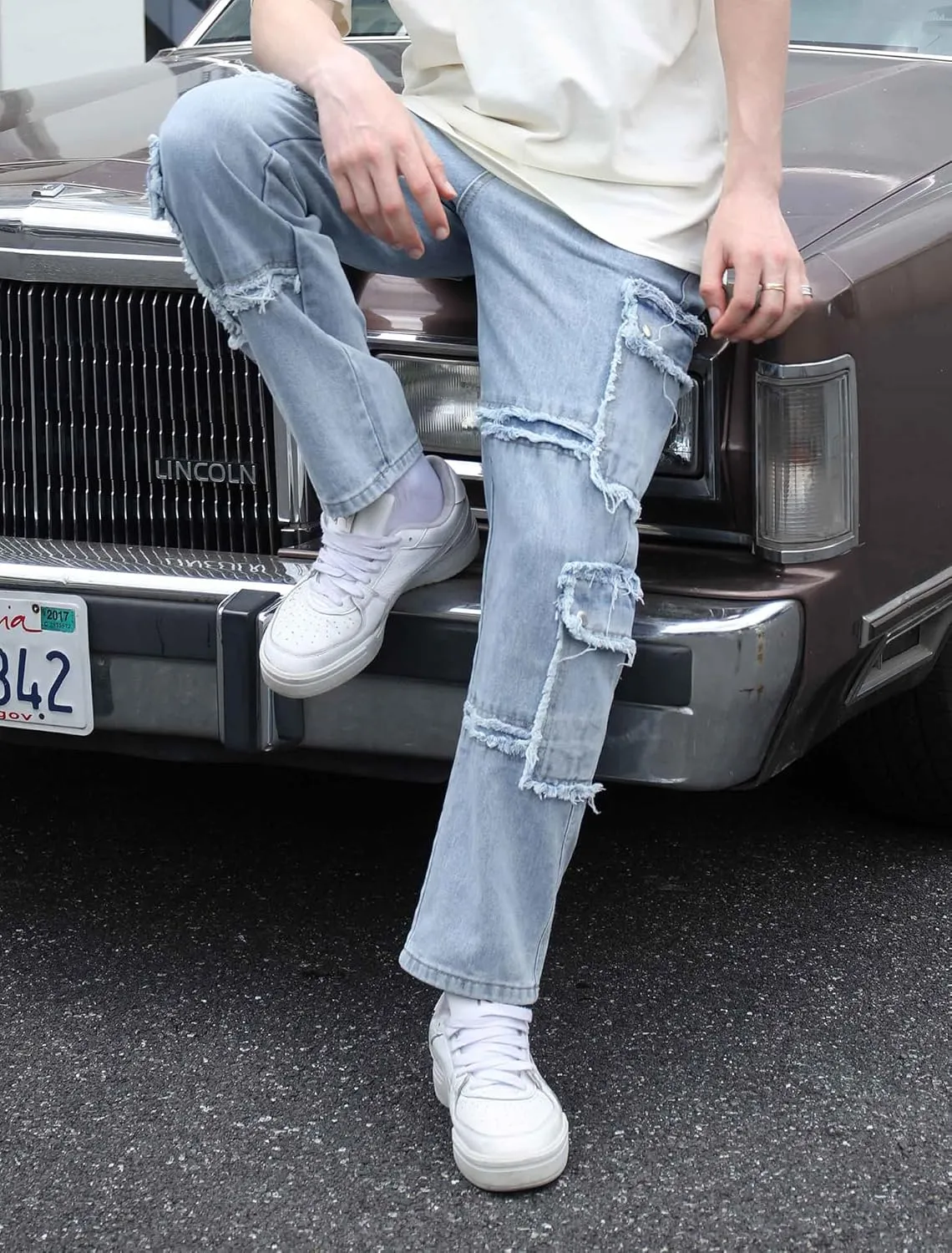 Men's Baggy Cargo Jeans Wide Leg Hip Hop Jeans Loose Fit Multiple Pockets Denim Pants Streetwear