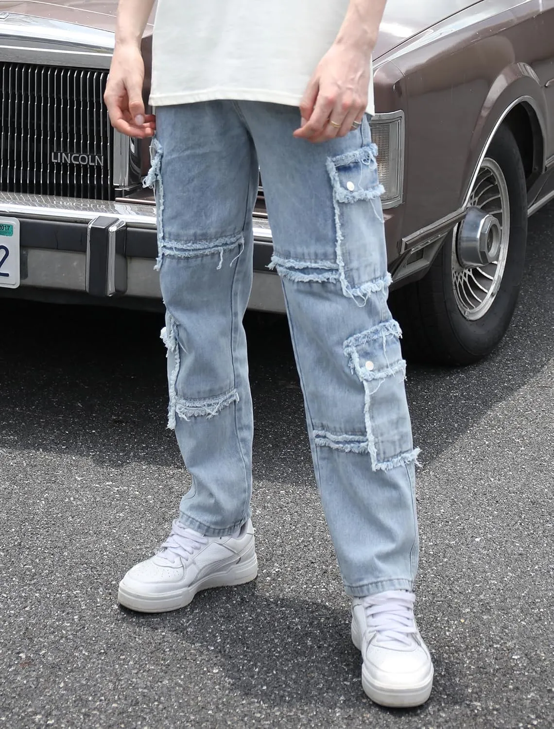 Men's Baggy Cargo Jeans Wide Leg Hip Hop Jeans Loose Fit Multiple Pockets Denim Pants Streetwear