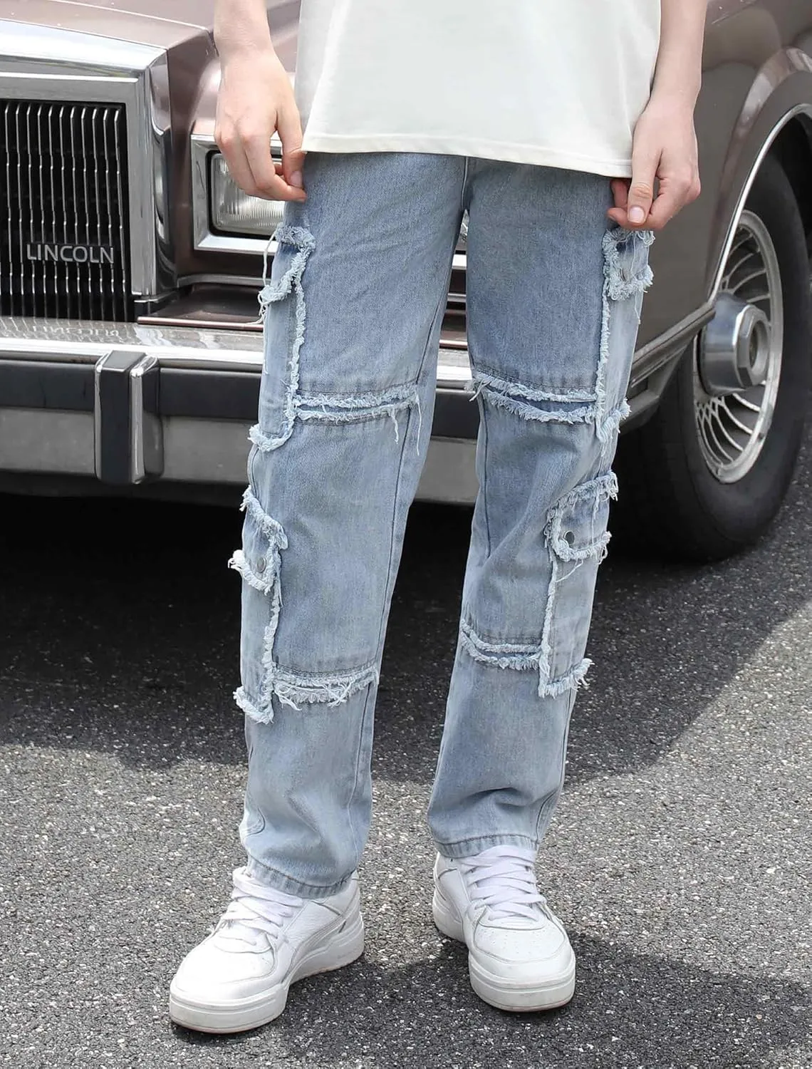 Men's Baggy Cargo Jeans Wide Leg Hip Hop Jeans Loose Fit Multiple Pockets Denim Pants Streetwear