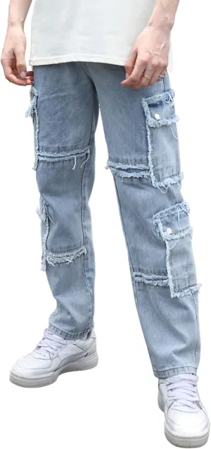 Men's Baggy Cargo Jeans Wide Leg Hip Hop Jeans Loose Fit Multiple Pockets Denim Pants Streetwear