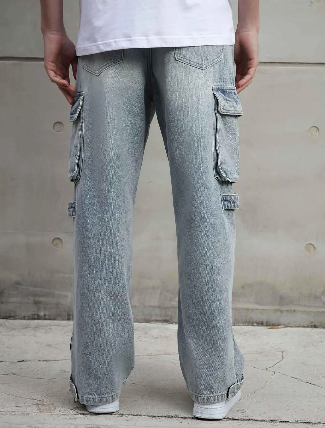 Mens Baggy Cargo Jeans Wide Leg Hip Hop Jeans Streetwear Loose Fit Denim Pants