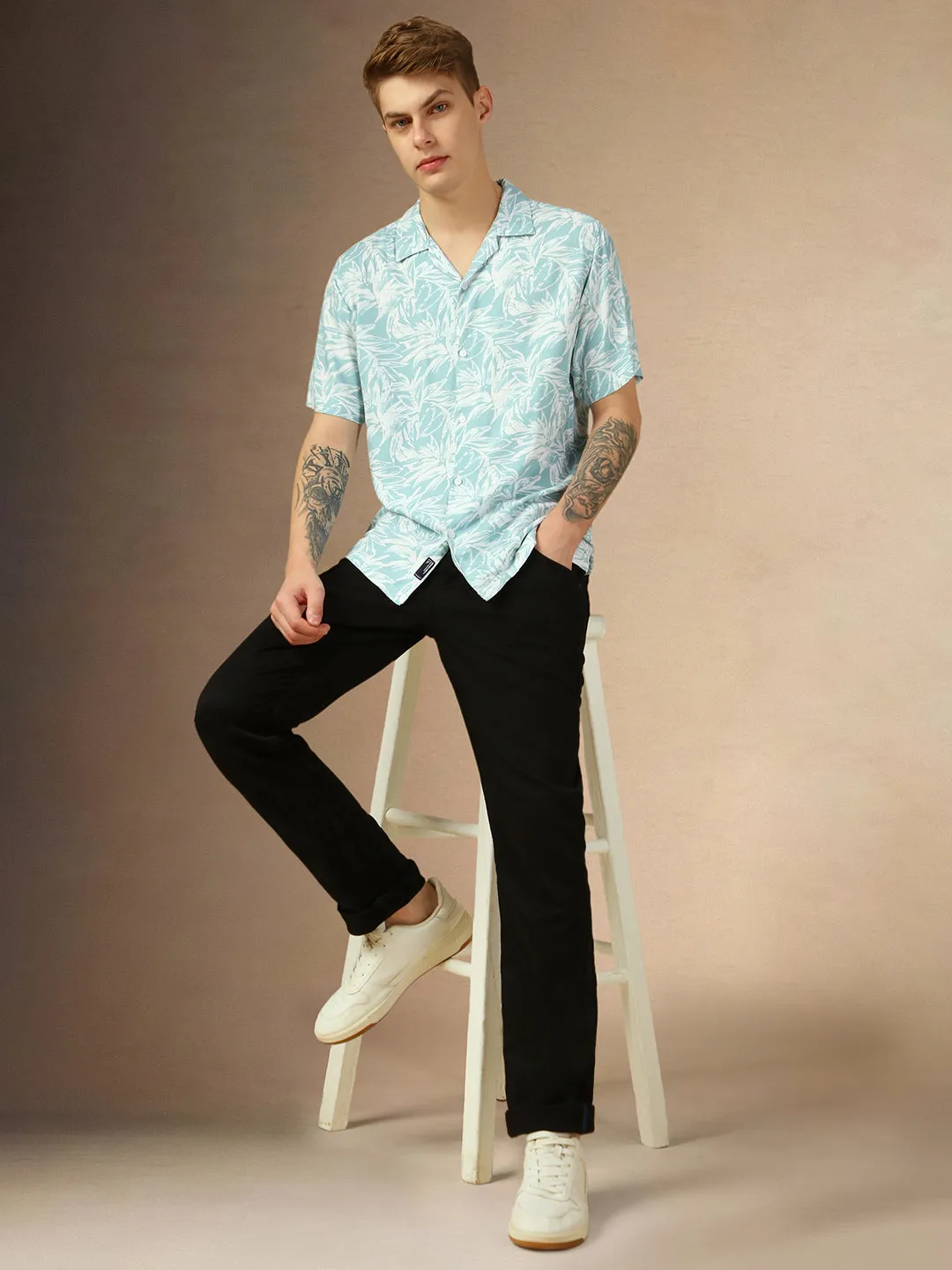 Men's Blue Printed Cuban Collar Half Sleeves Relaxed Fit Shirt