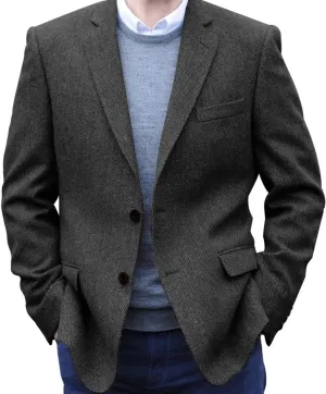 Men's Herringbone Tweed Blazer Jacket 2 Button Lightweight Casual Sport Coat Wedding Groomsmen Prom Jackets