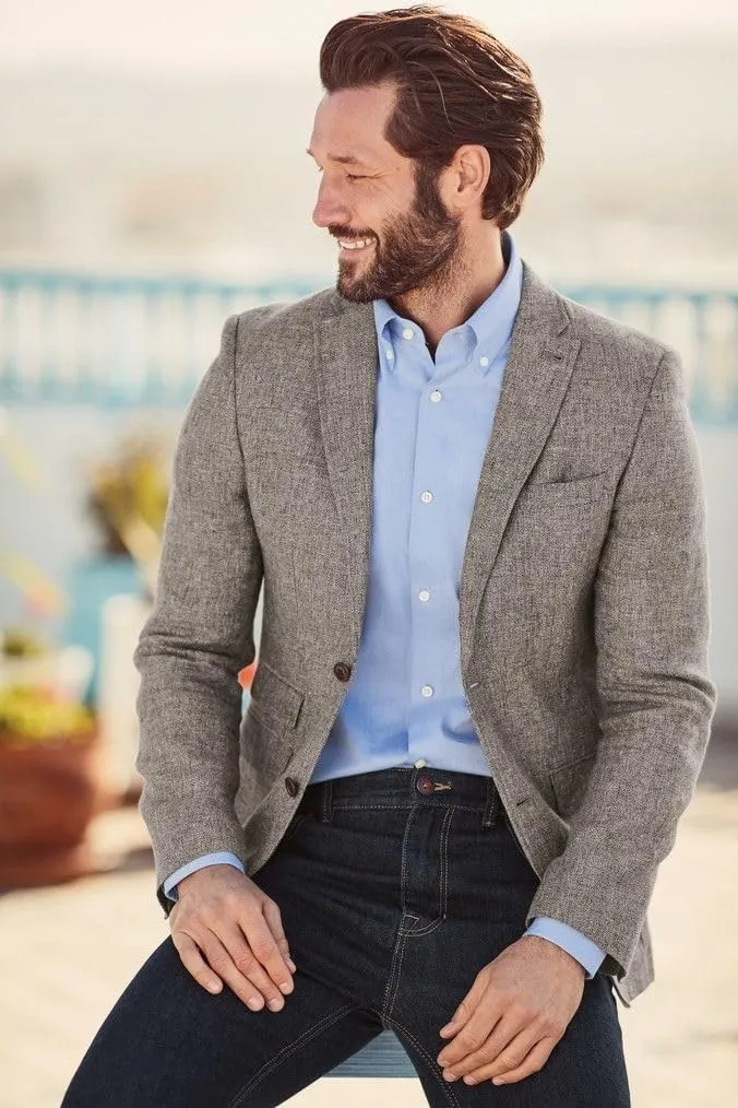 Men's Herringbone Tweed Blazer Jacket 2 Button Lightweight Casual Sport Coat Wedding Groomsmen Prom Jackets