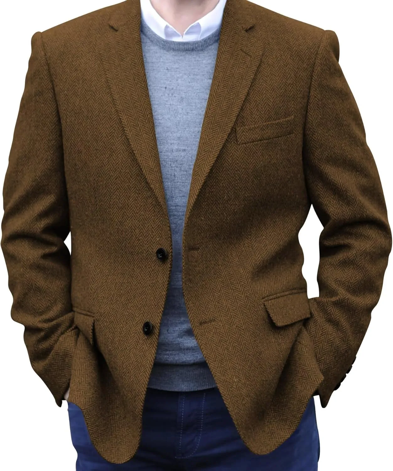Men's Herringbone Tweed Blazer Jacket 2 Button Lightweight Casual Sport Coat Wedding Groomsmen Prom Jackets