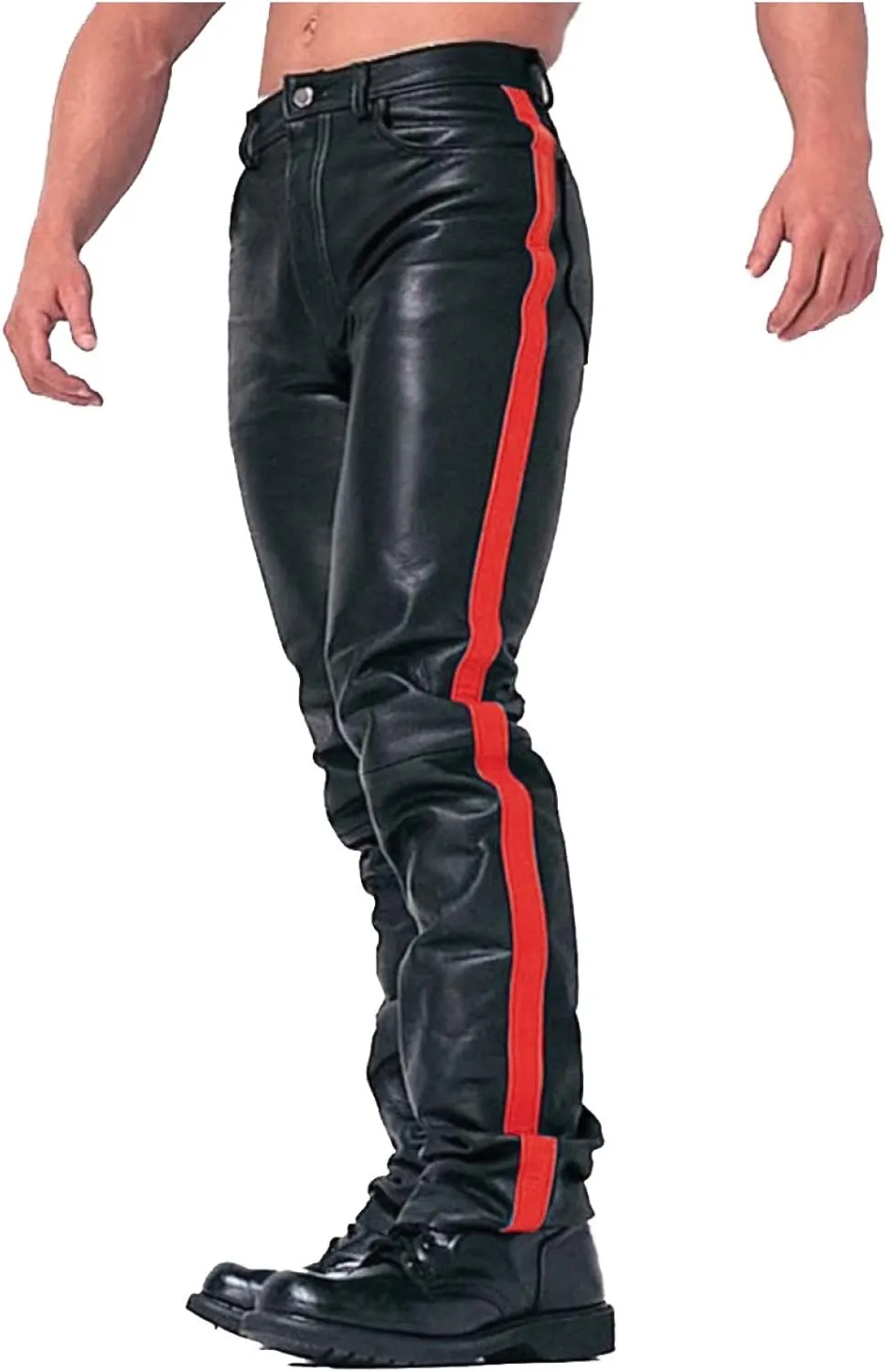 Men's HOT Style Real Black Cow Leather with Strips Pants Sleek & Sexy Jeans Motorcycle Biker Trouser