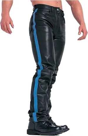 Men's HOT Style Real Black Cow Leather with Strips Pants Sleek & Sexy Jeans Motorcycle Biker Trouser