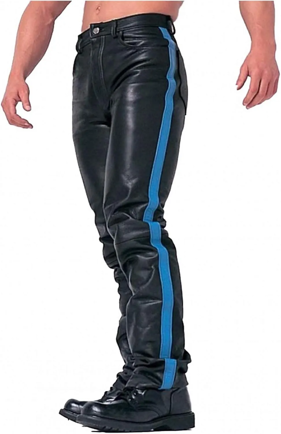 Men's HOT Style Real Black Cow Leather with Strips Pants Sleek & Sexy Jeans Motorcycle Biker Trouser