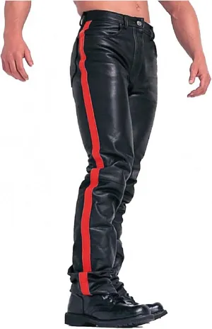 Men's HOT Style Real Black Cow Leather with Strips Pants Sleek & Sexy Jeans Motorcycle Biker Trouser