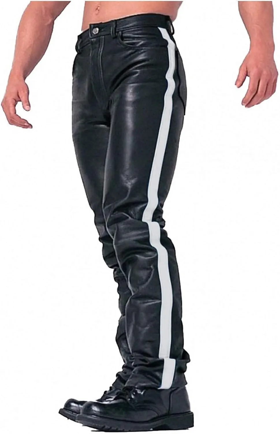 Men's HOT Style Real Black Cow Leather with Strips Pants Sleek & Sexy Jeans Motorcycle Biker Trouser